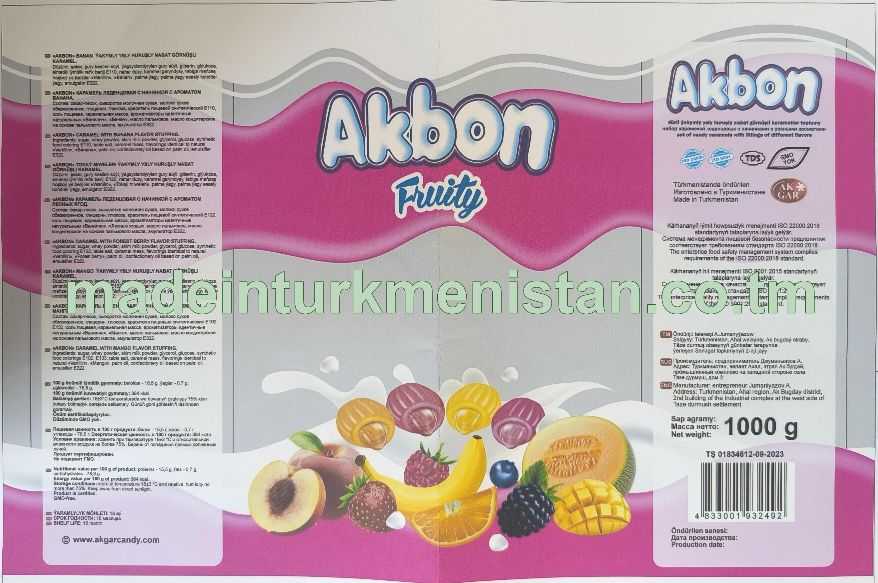 "Akbon" dürli ýakymly ysly huruşly nabat görnüşli karameller toplumy (banan, tokaý miweleri, mango)