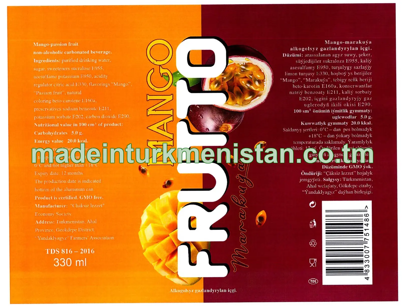 Mango-Marakuýa alkogolsyz gazlandyrlan içgi