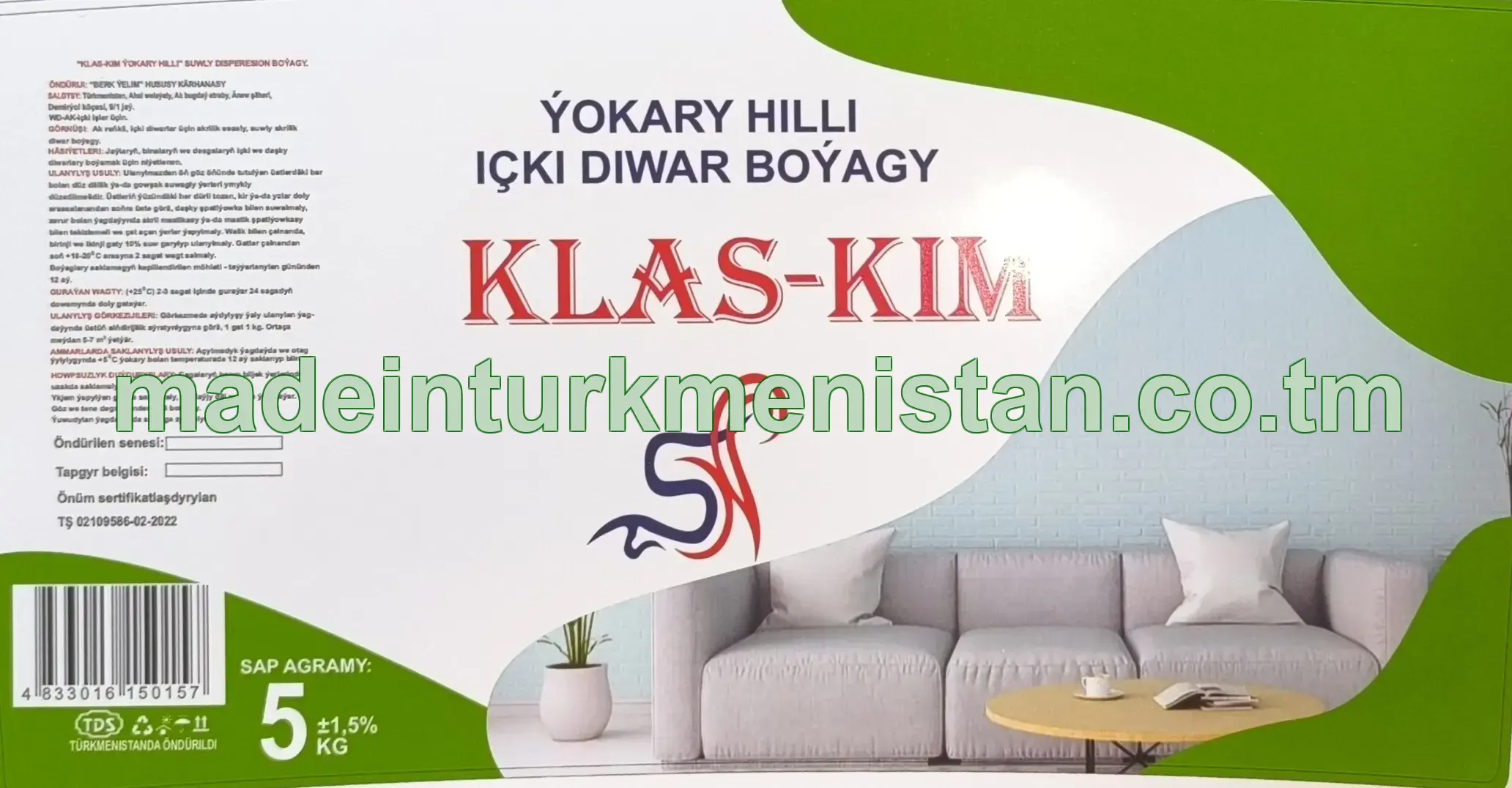 "Klas Kim" Ýokary hilli suwly dispersion boýagy, ak reňkli, WD-AK (içki diwar boýagy)