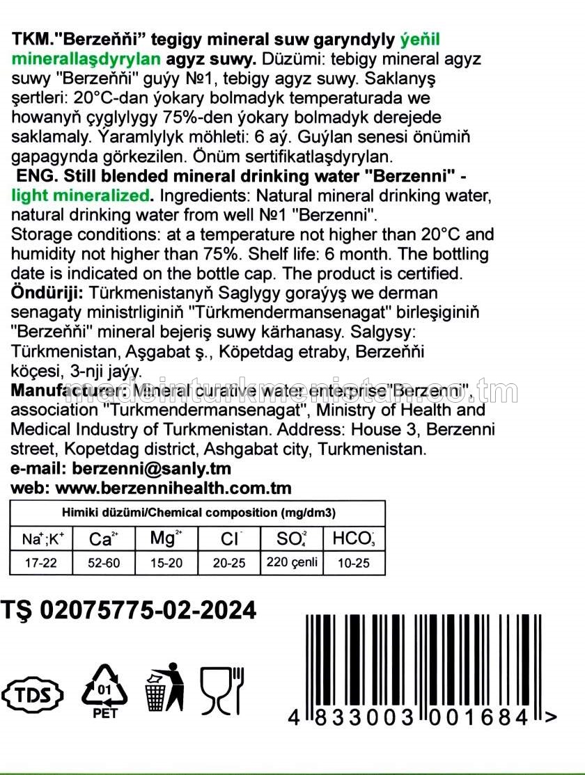 "Berzeňňi" tebigy mineral suw garyndyly ýeňil minerallaşdyrylan agyz suwy (PET gapda)