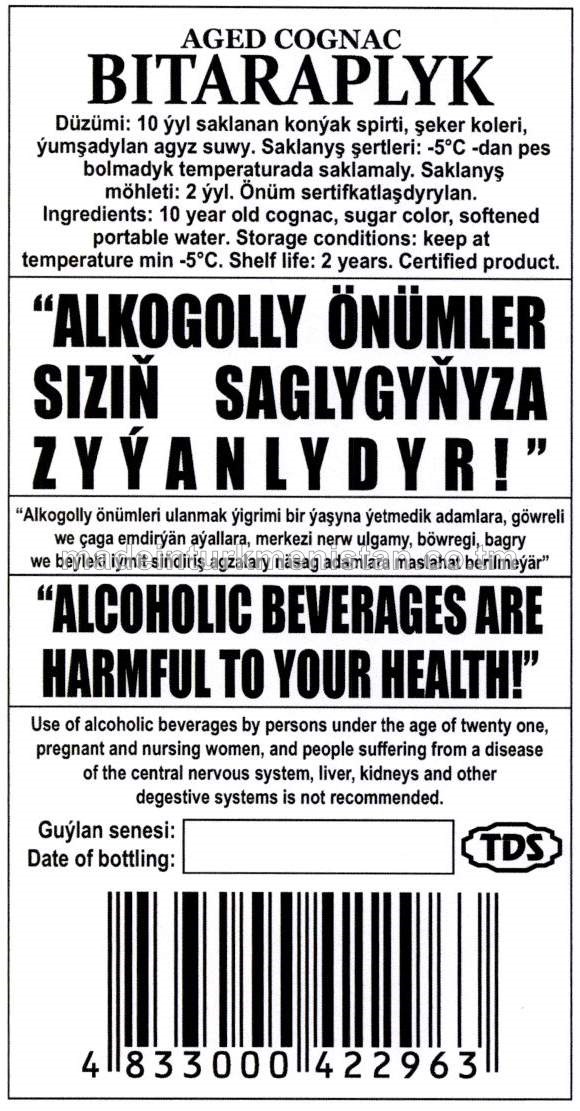"Bitaraplyk" saklanan konýagy. Alk: 40% (30ýyl). 10 ýyldyzly