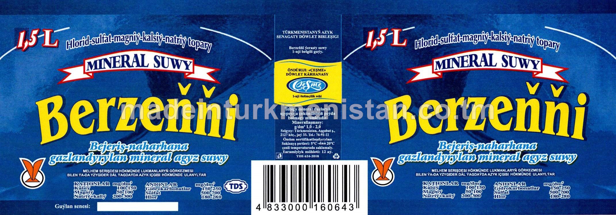 "Berzeňňi" bejeriş naharhana gazlandyrylan mineral agyz suwy