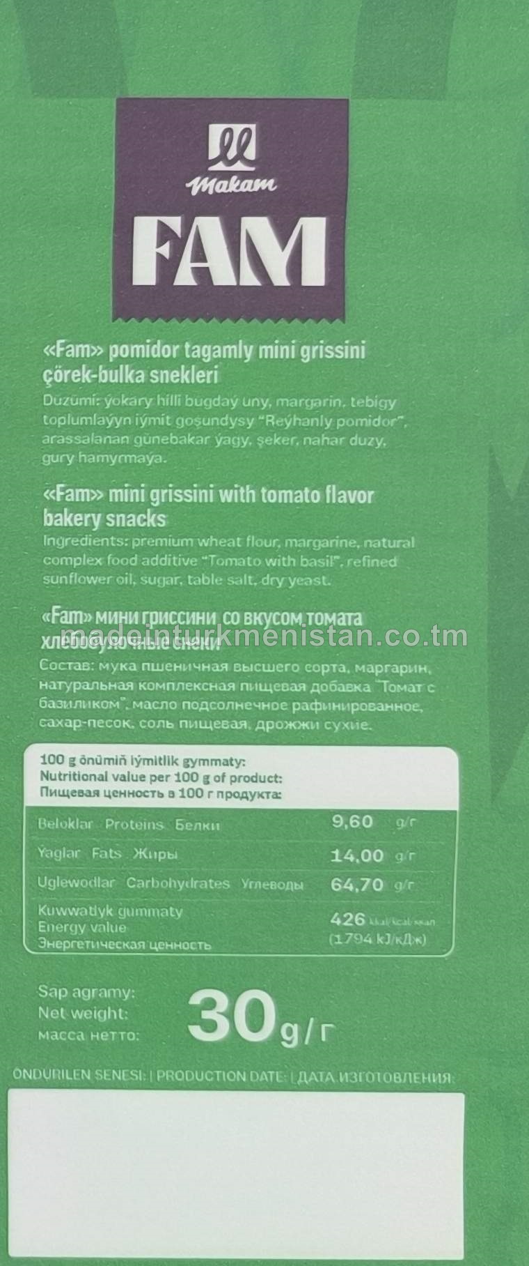 "Fam" pomidor tagamly mini grissini çörek-bulka snekleri. Ýokary hilli bugdaý unundan