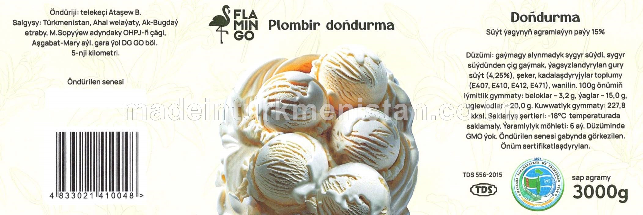 Plombir doňdurma. Süýt ýagyň agramlaýyn paýy 15%