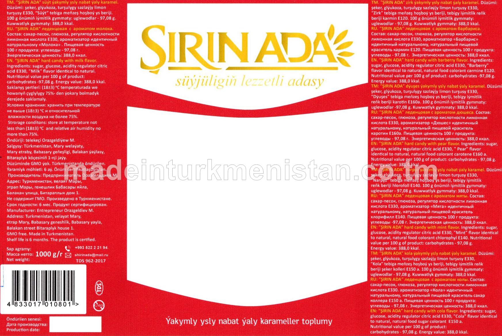 Ýakymly ysly nabat ýaly karameller toplumy (zirk, dýuşes, narpyz, kola)