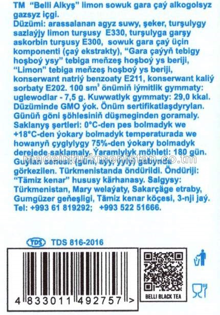 "BELLI ALKYŞ" limon sowuk gara çaý alkogolsyz gazsyz içgi