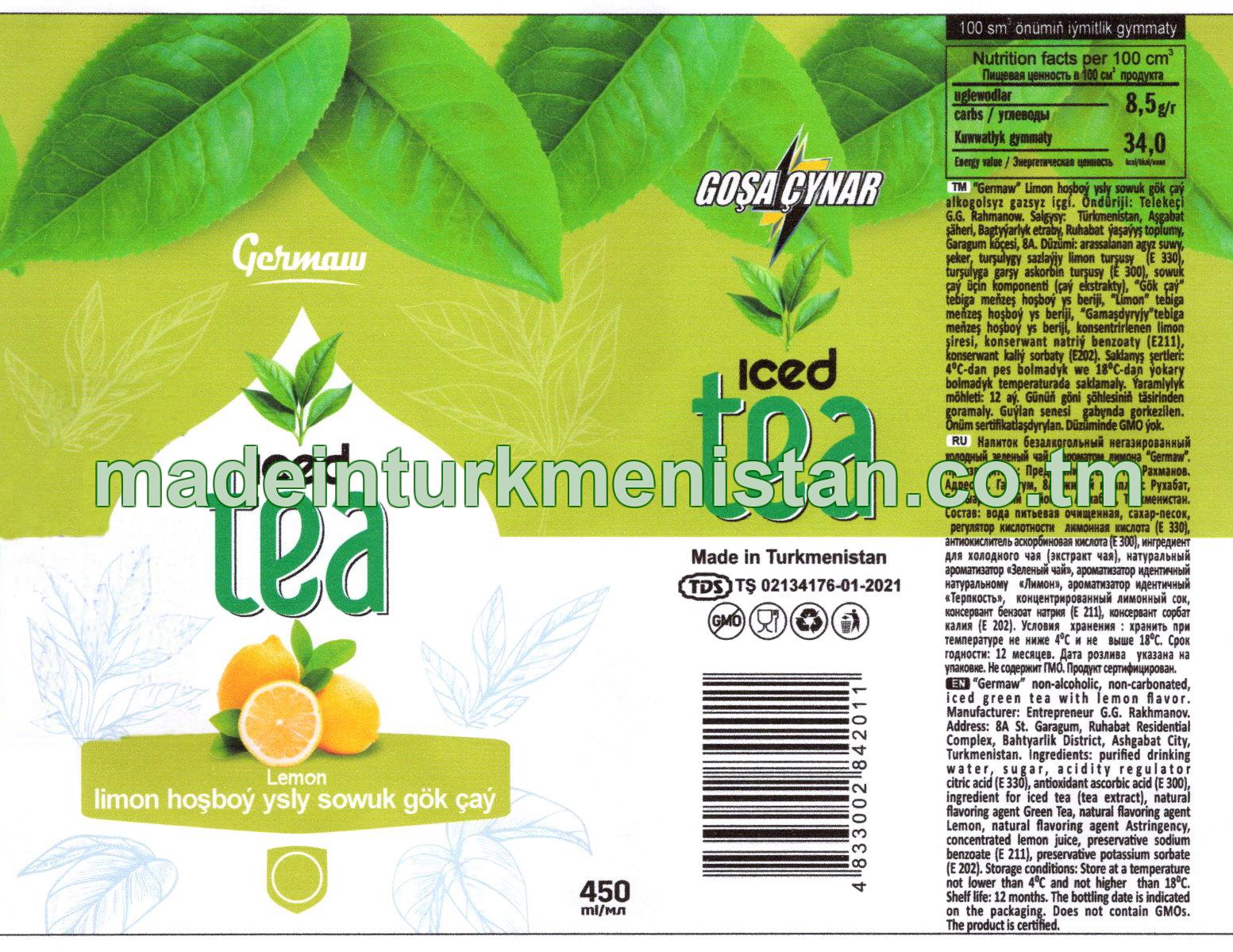"Germaw" limon hoşboý ysly sowuk gök çaý alkogolsyz gazsyz içgi