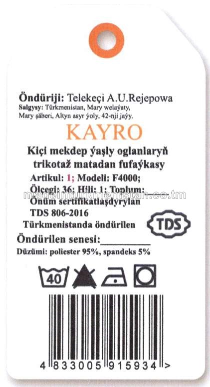 Kiçi mekdep ýaşly oglanlaryň trikotaž matadan fufaýkasy. Modeli: F4000, artikul: 1, ölçegi: 36