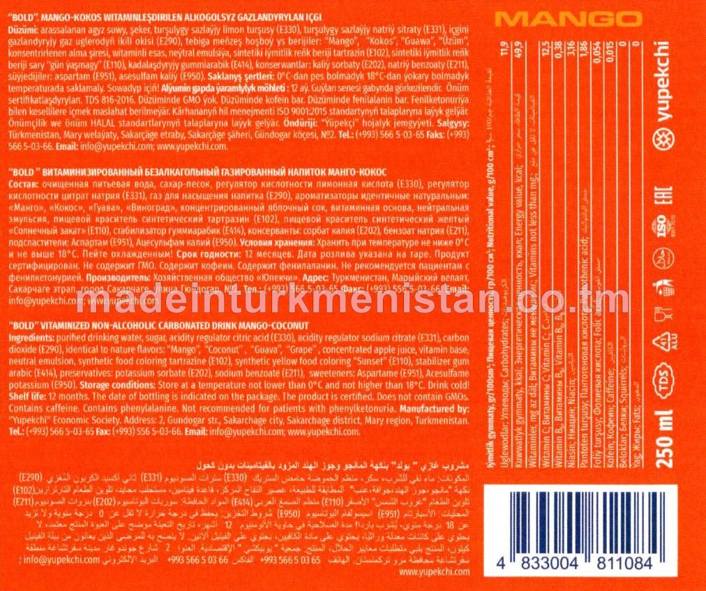 Mango-kokos witaminleşdirilen alkogolsyz gazlandyrylan içgi