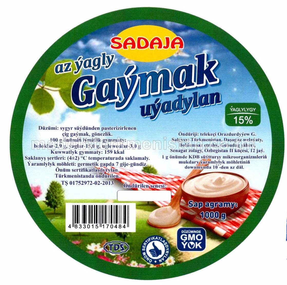 Az ýagly uýadylan gaýmak, ýaglylygy 15 %