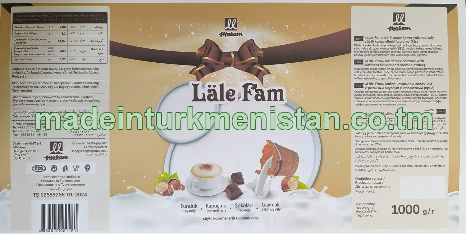 "Läle Fam" dürli tagamly we ýakymly ysly süýtli karamelleriň toplumy (iris) (funduk tagamly, kapuçino ýakymly ysly, şokolad tagamly, gaýmak tagamly)