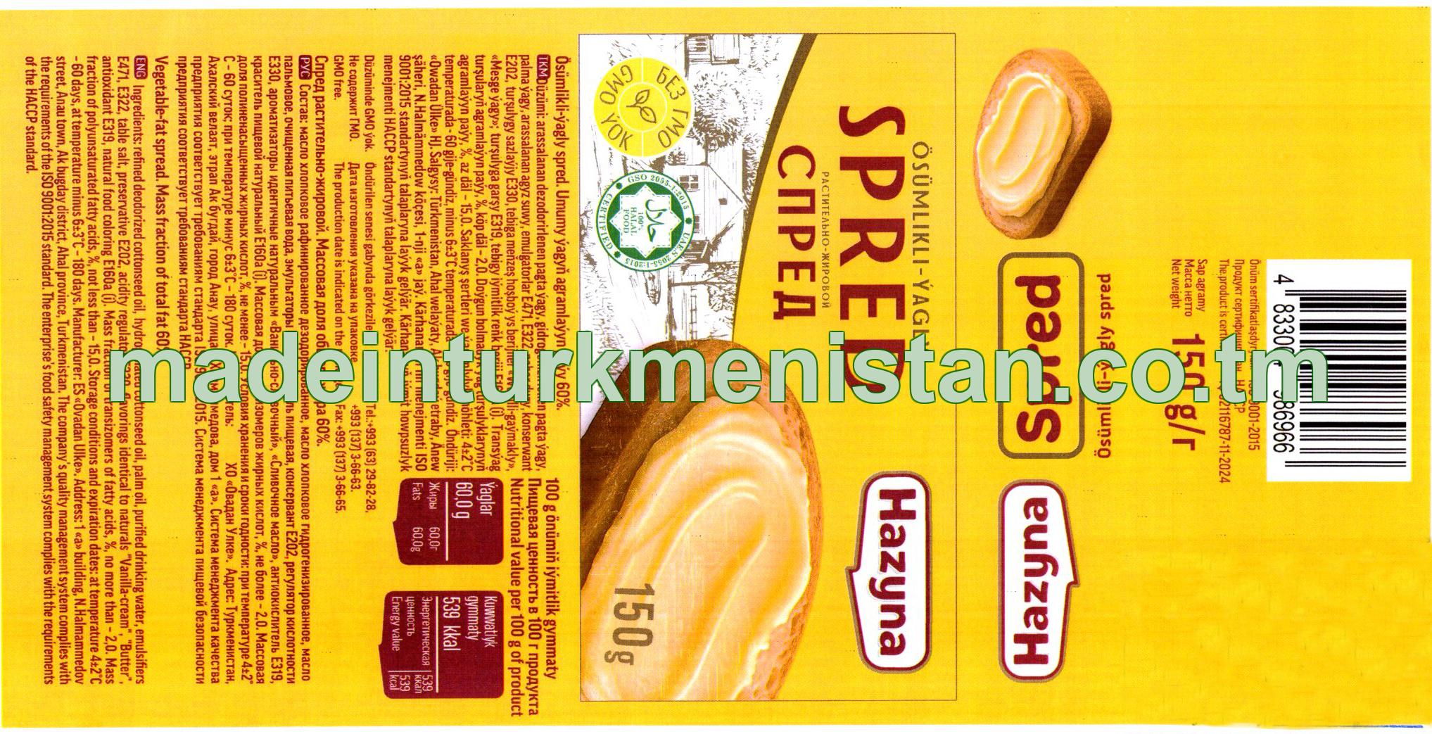 Ösümlikli-ýagly spred. Umumy ýagyň agramlaýyn paýy 60%