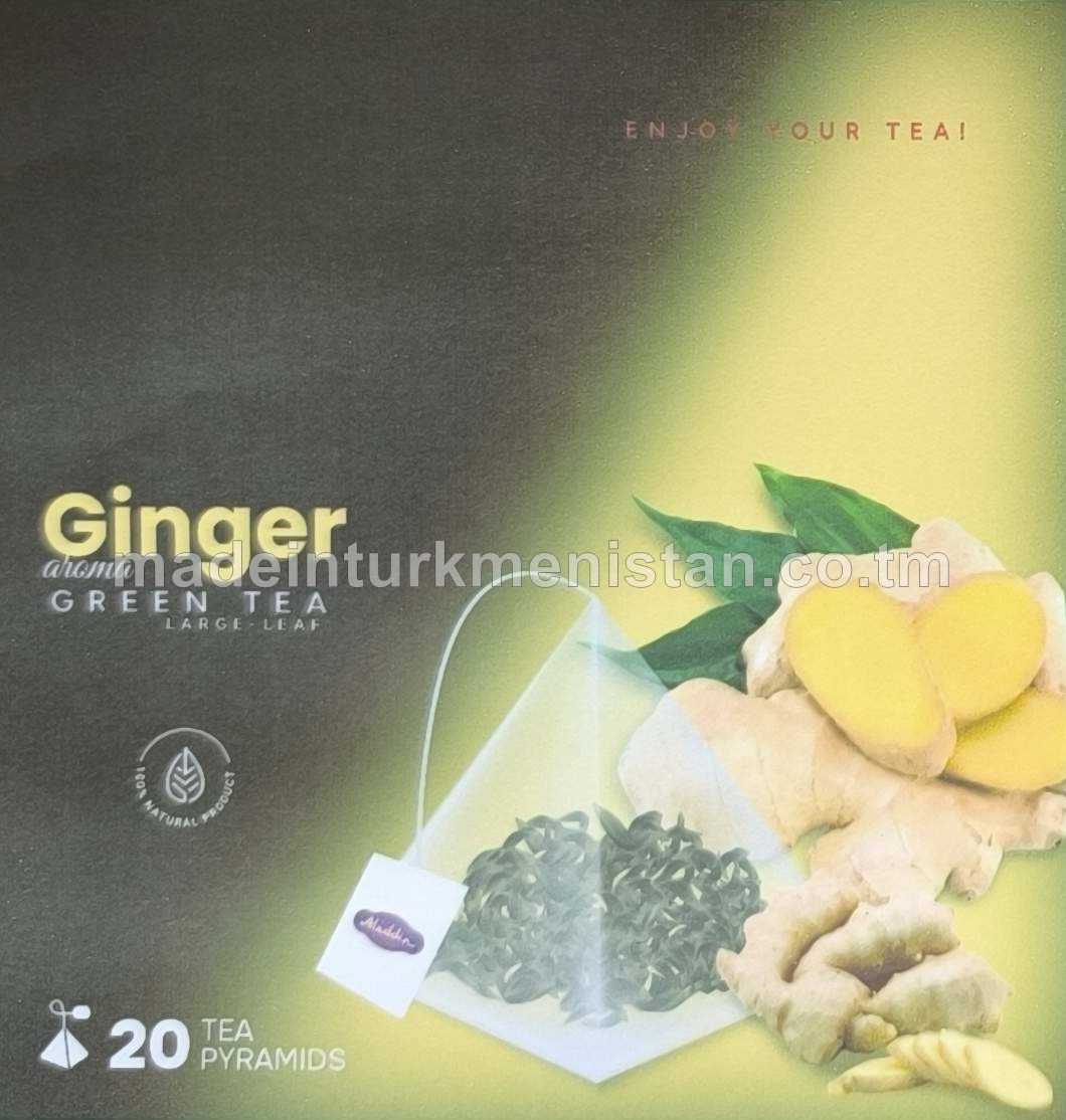 Imbir ýakymly ysly iri ýaprakly gök çay. Piramida haltajykly.