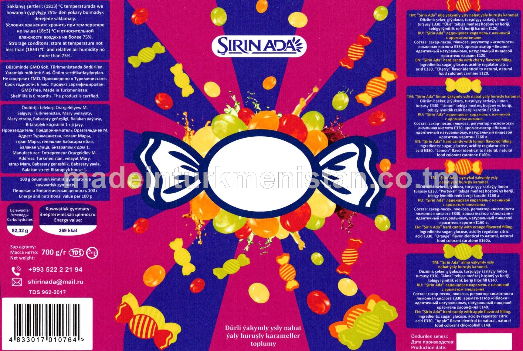 Dürli ýakymly ysly nabat ýaly huruşly karameller toplumy (ülje, limon, pyrtykal, alma)