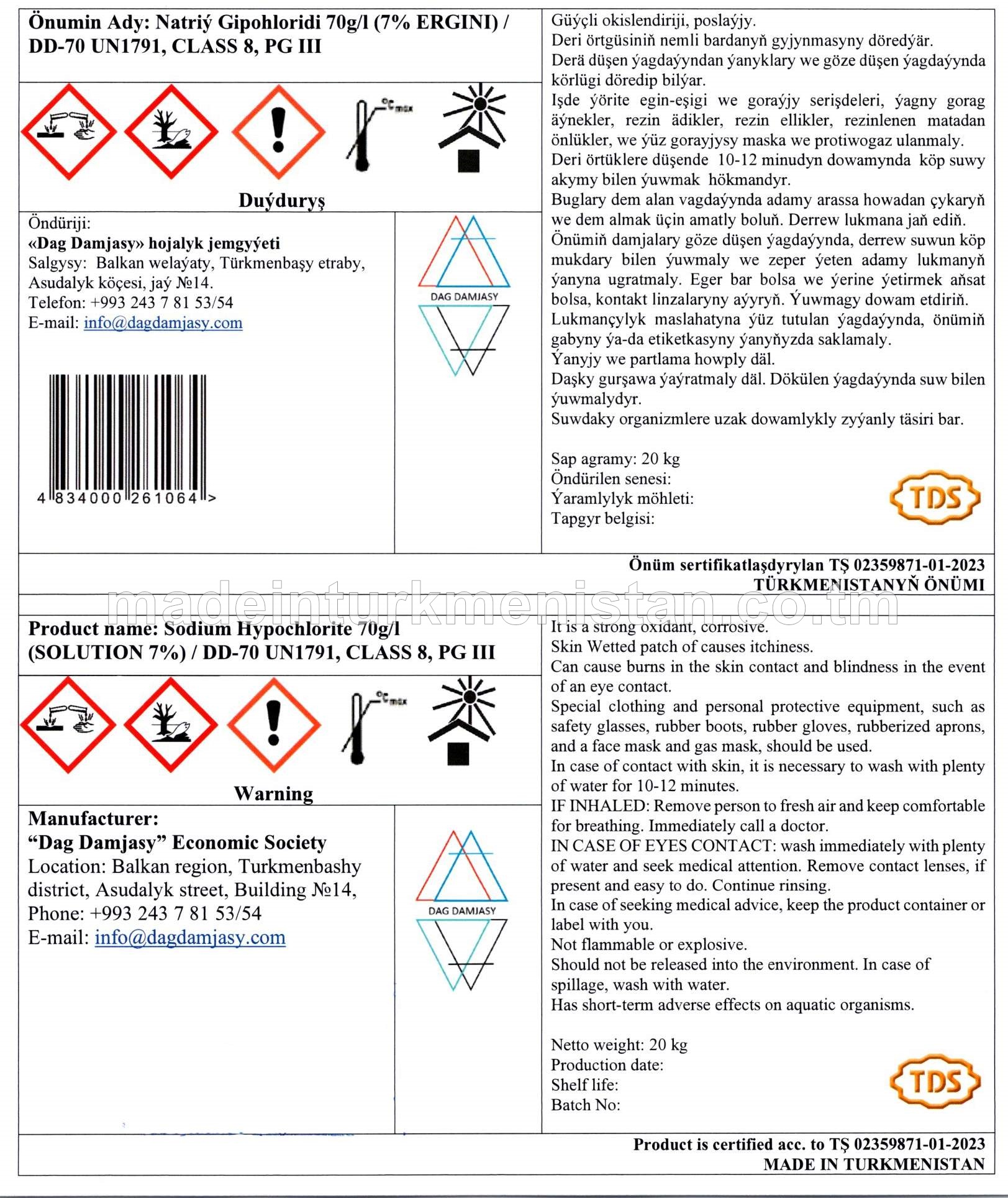 Natriý gipohloridi 70g/l (7% ergini)/DD-70 UN1791, CLASS 8 PG III