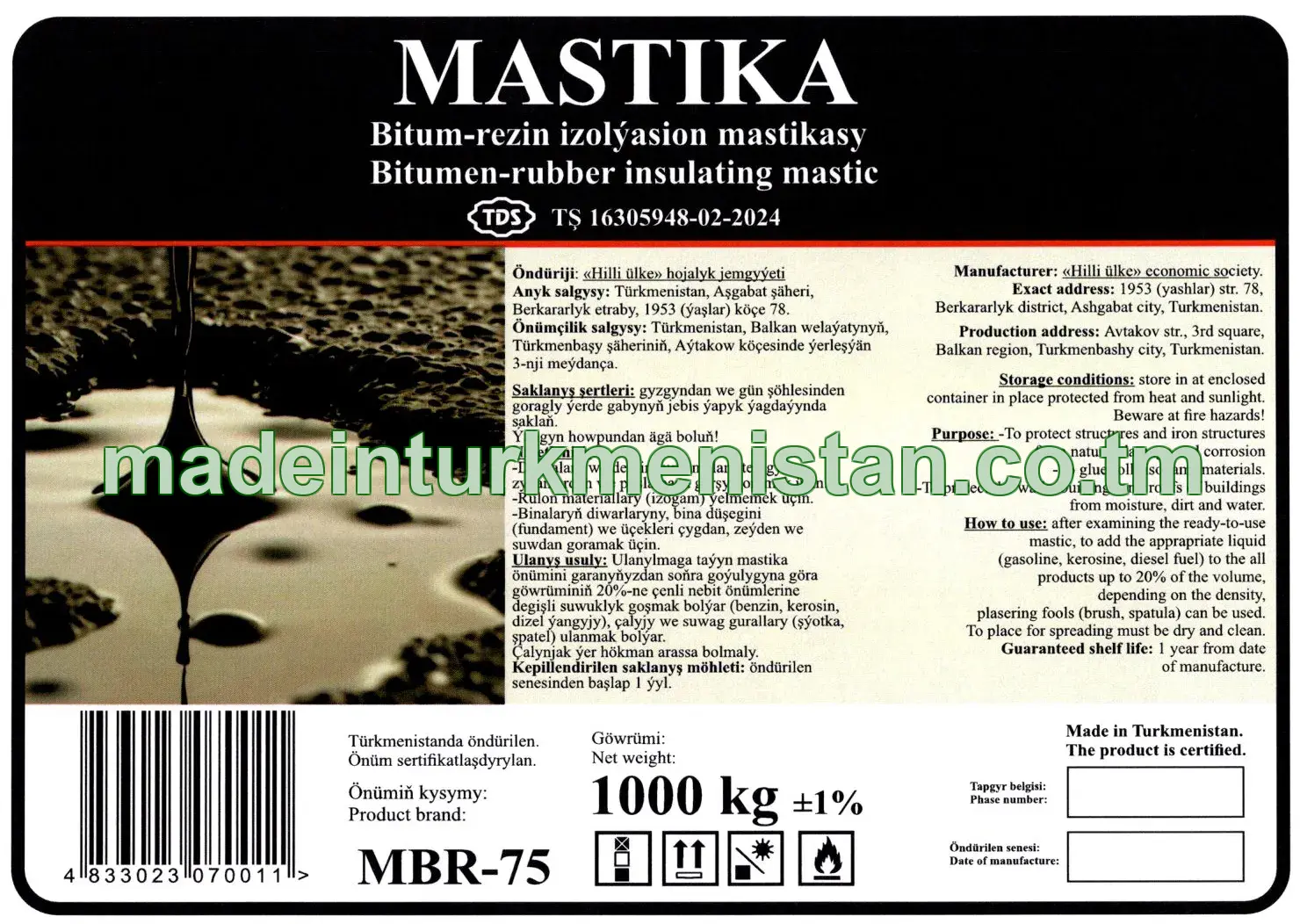 Bitum-rezin izolýasion mastikasy. Önümiň kysymy: MBR-75