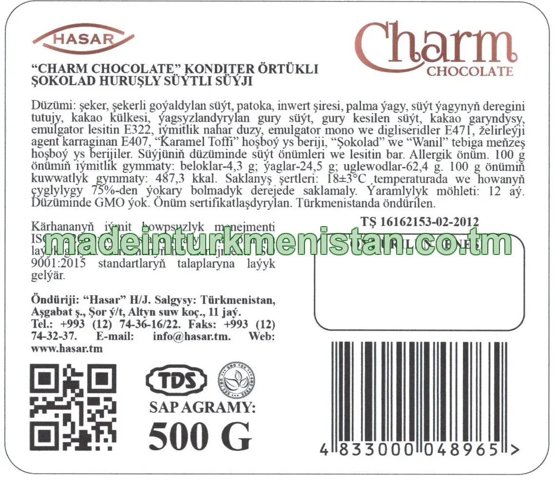 “СHARM CHOCOLATE” konditer örtükli şokolad huruşly süýtli süýji