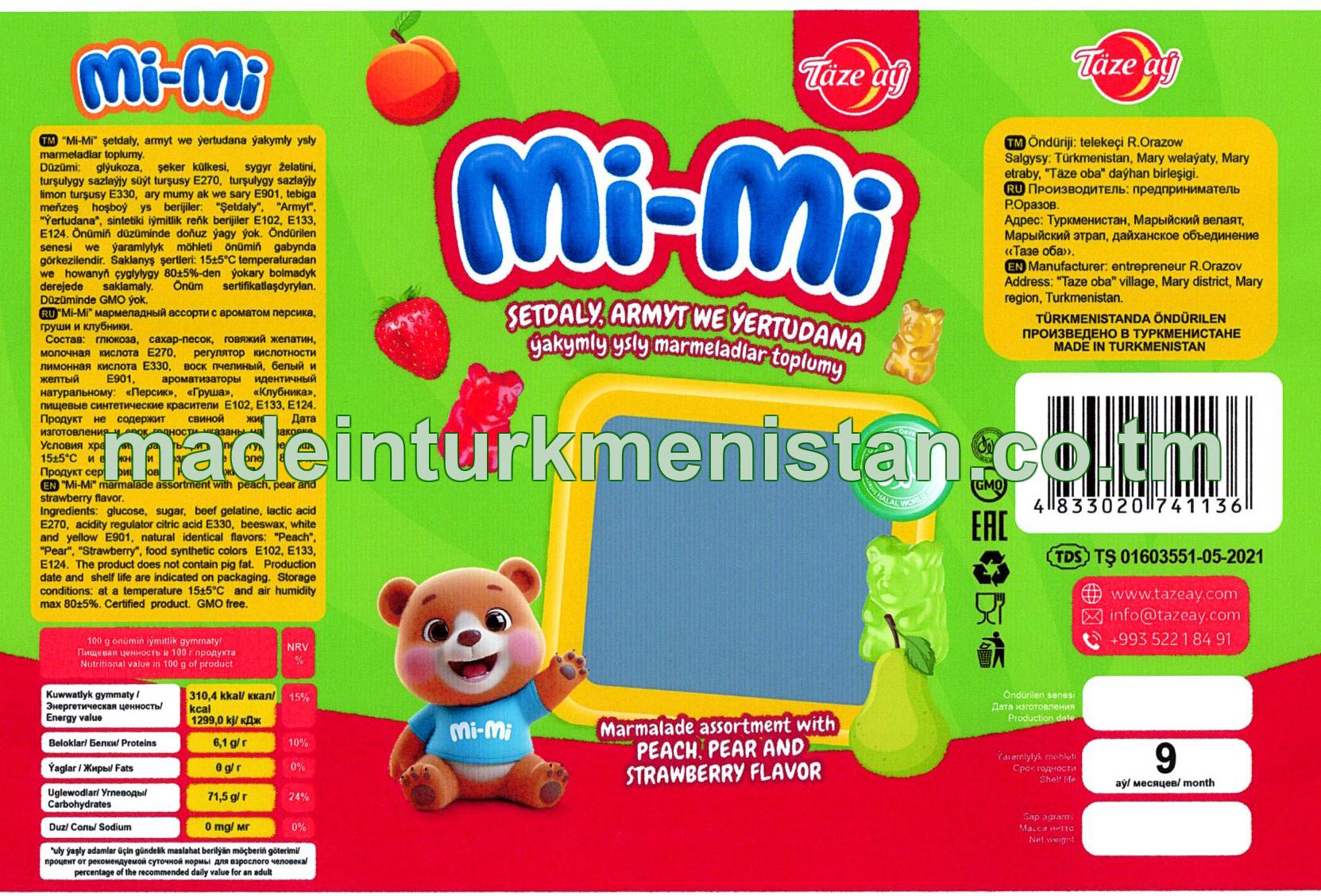 “Mi-Mi” şetdaly, armyt we ýertudana ýakymly ysly marmeladlar toplumy