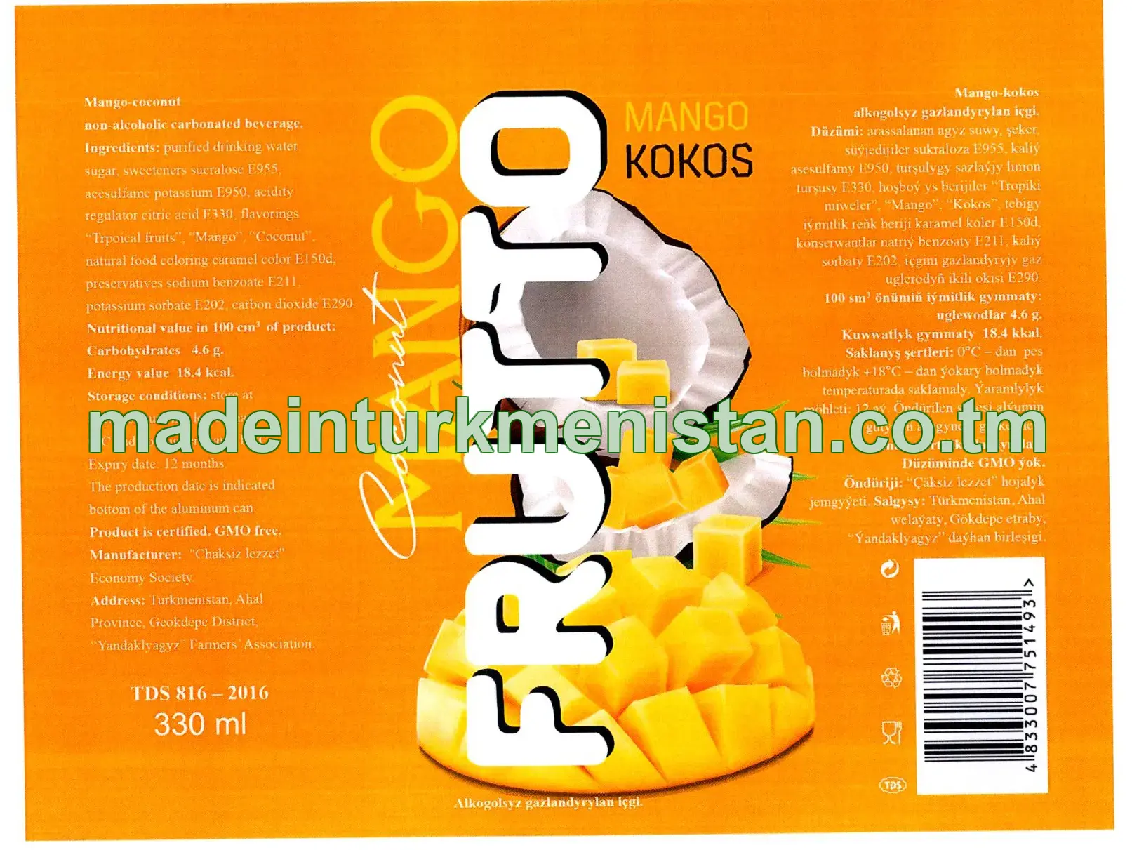 Mango-Kokos alkogolsyz gazlandyrlan içgi