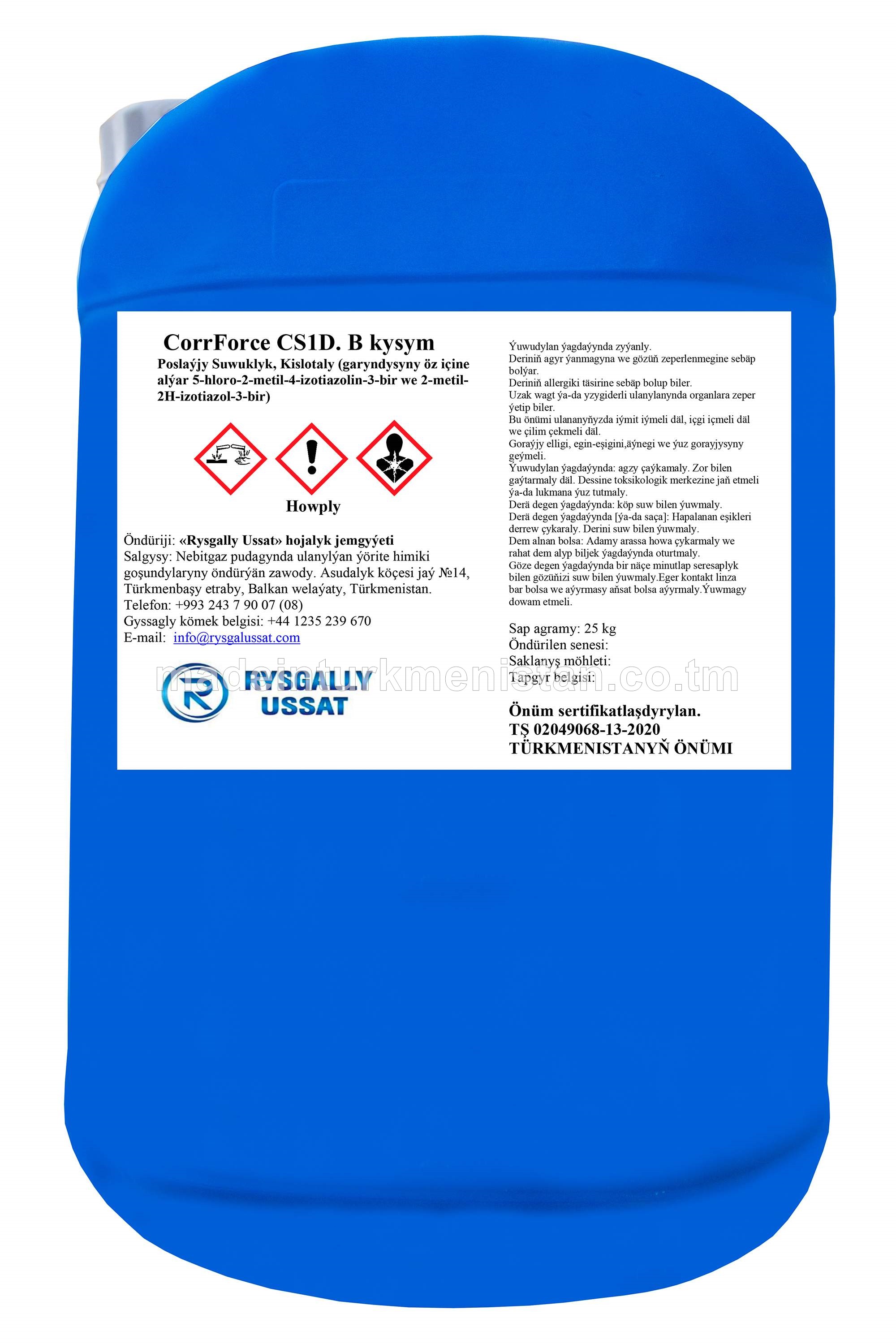 CorrForce CS1D. SYNP B Poslaýjy Suwuklyk, Kislotaly, N.O.S. (garyndysyny öz içine alýar 5-hloro-2-metil-4-izotiazolin-3-bir we 2-metil-2H-izotiazol-3-bir)