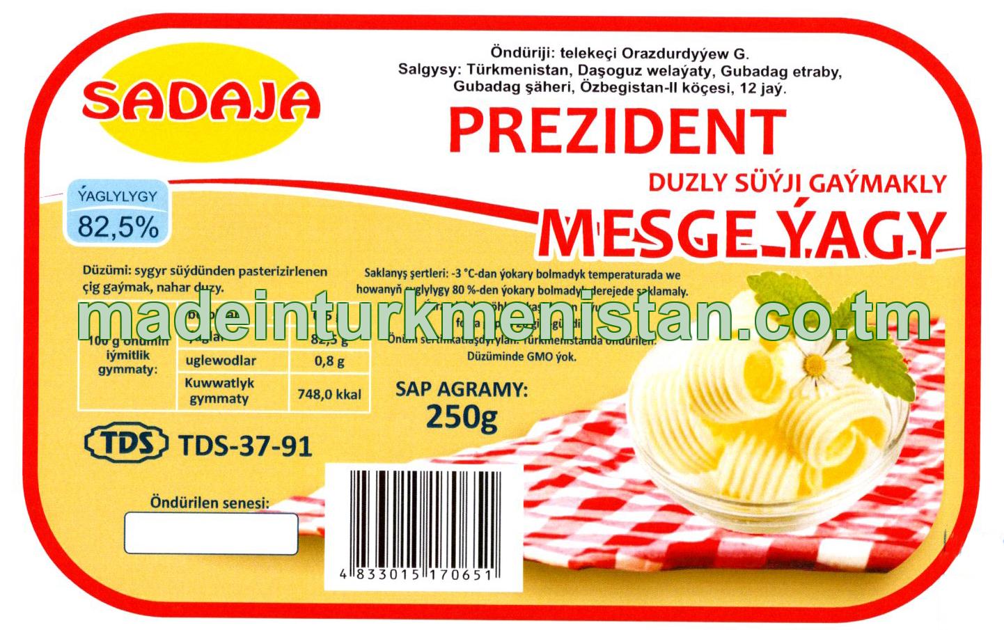 "Prezident" duzly süýji gaýmakly mesge ýagy, ýaglylygy 82,5 %