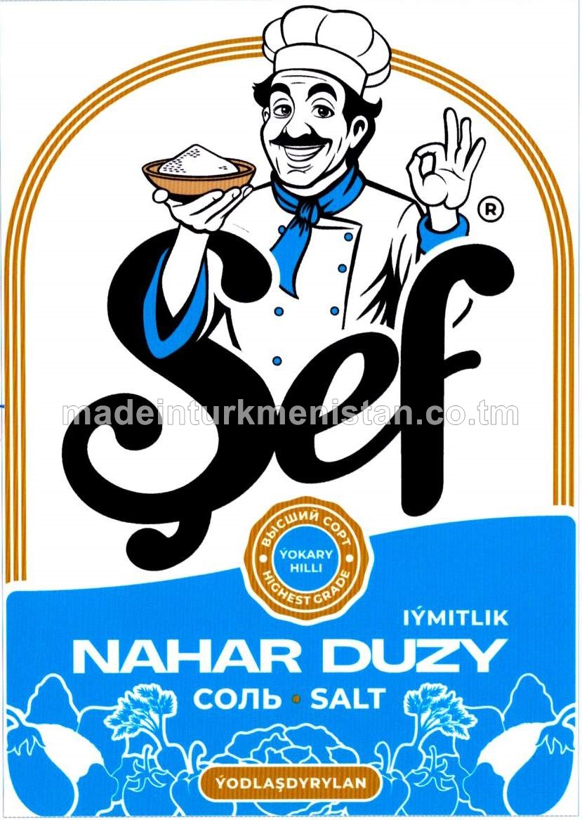 "Şef" çöken ýodlaşdyrylan iýmitlik nahar duzy. Ýokary hilli. Üwelen:0