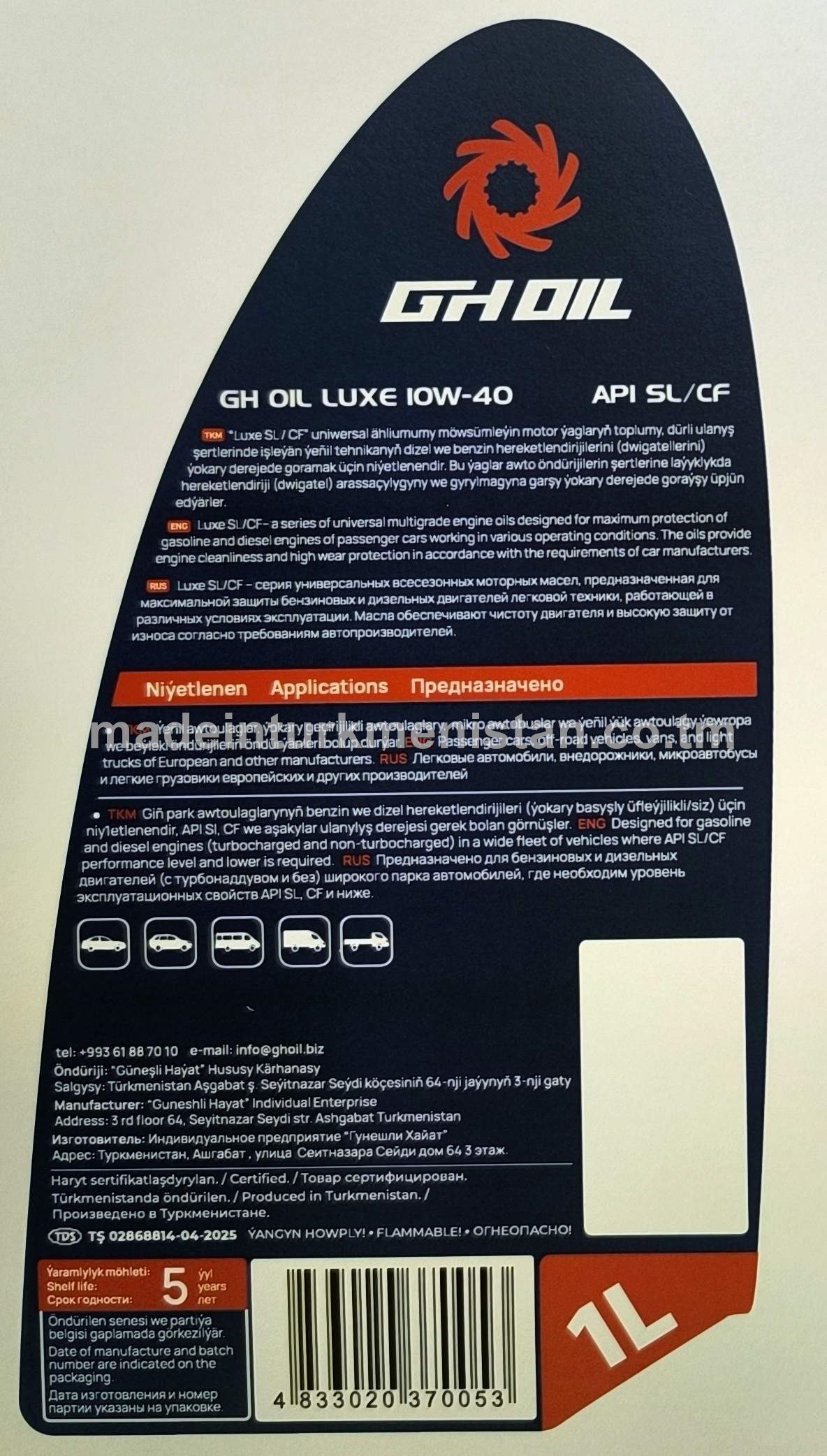 Ýarym sintetiki hereketlendiriji ýagy LUXE 10W-40 API SL/CF