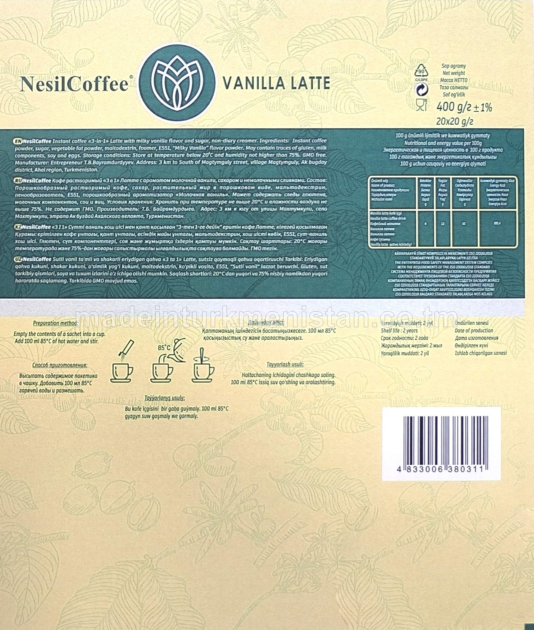 NesilCoffee "3-si 1-de" Latte wanil hoşboý ysly we şekerli süýtsüz gaýmakly ereýän kofe (20 sany x 20g)