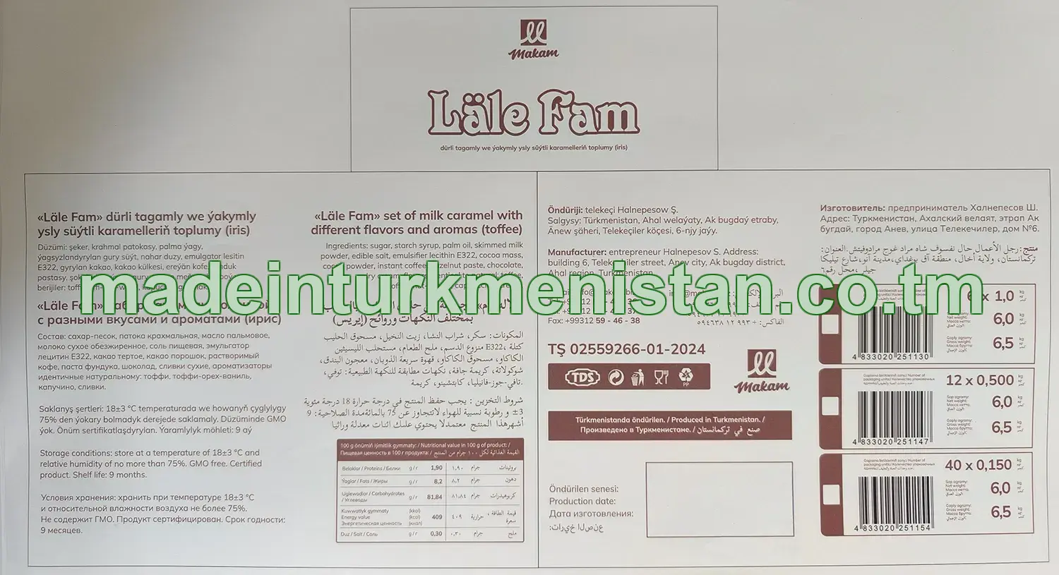 "Läle Fam" dürli tagamly we ýakymly ysly süýtli karamelleriň toplumy (iris) (6sany x 1kg)