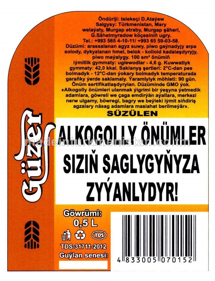 Pasterizirlenen süzülen açyk reňkli piwo. Alk: 4,0%