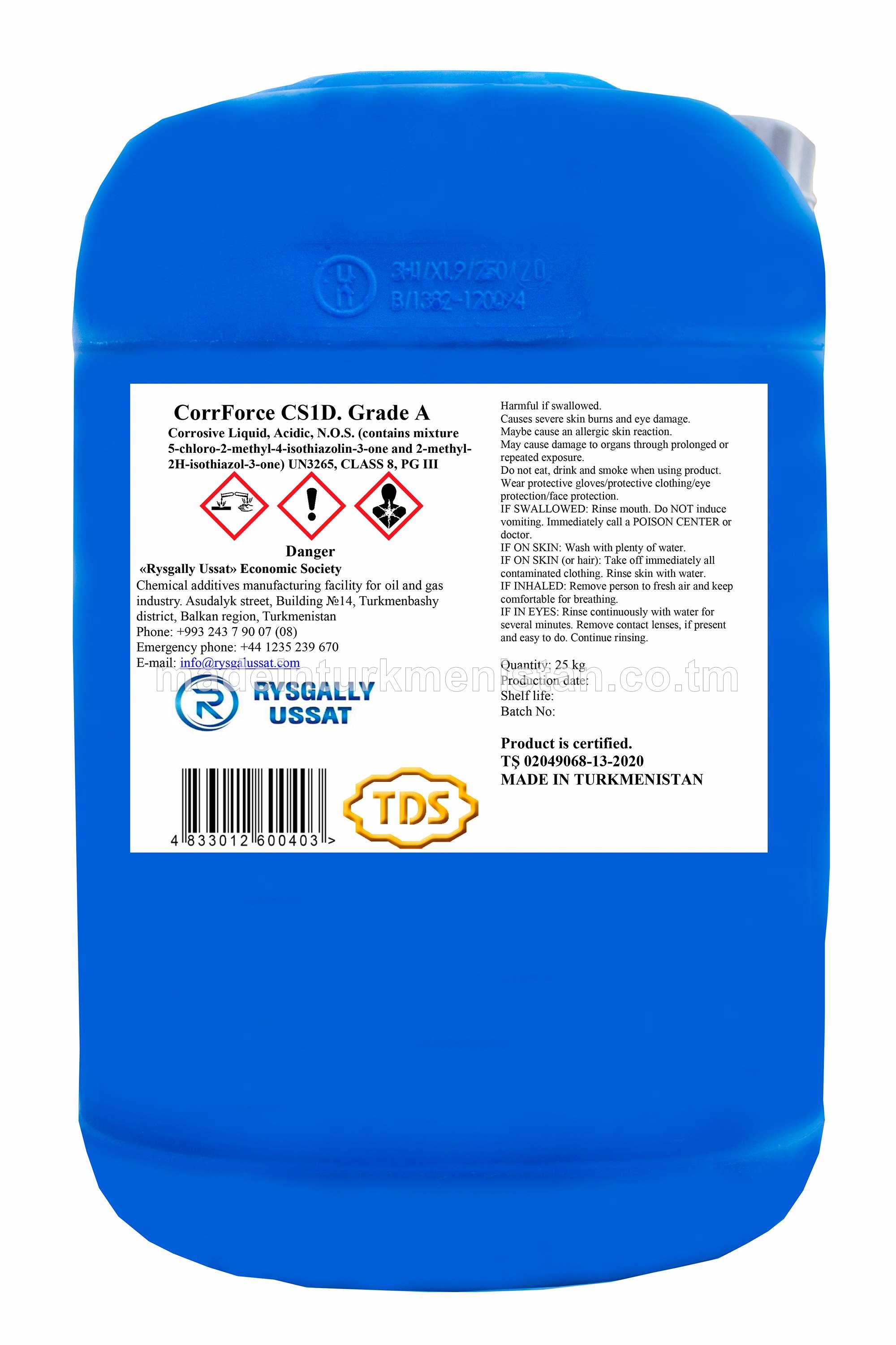 CorrForce CS1D. SYNP A Poslaýjy Suwuklyk, Kislotaly, N.O.S. (garyndysyny öz içine alýar 5-hloro-2-metil-4-izotiazolin-3-bir we 2-metil-2H-izotiazol-3-bir)