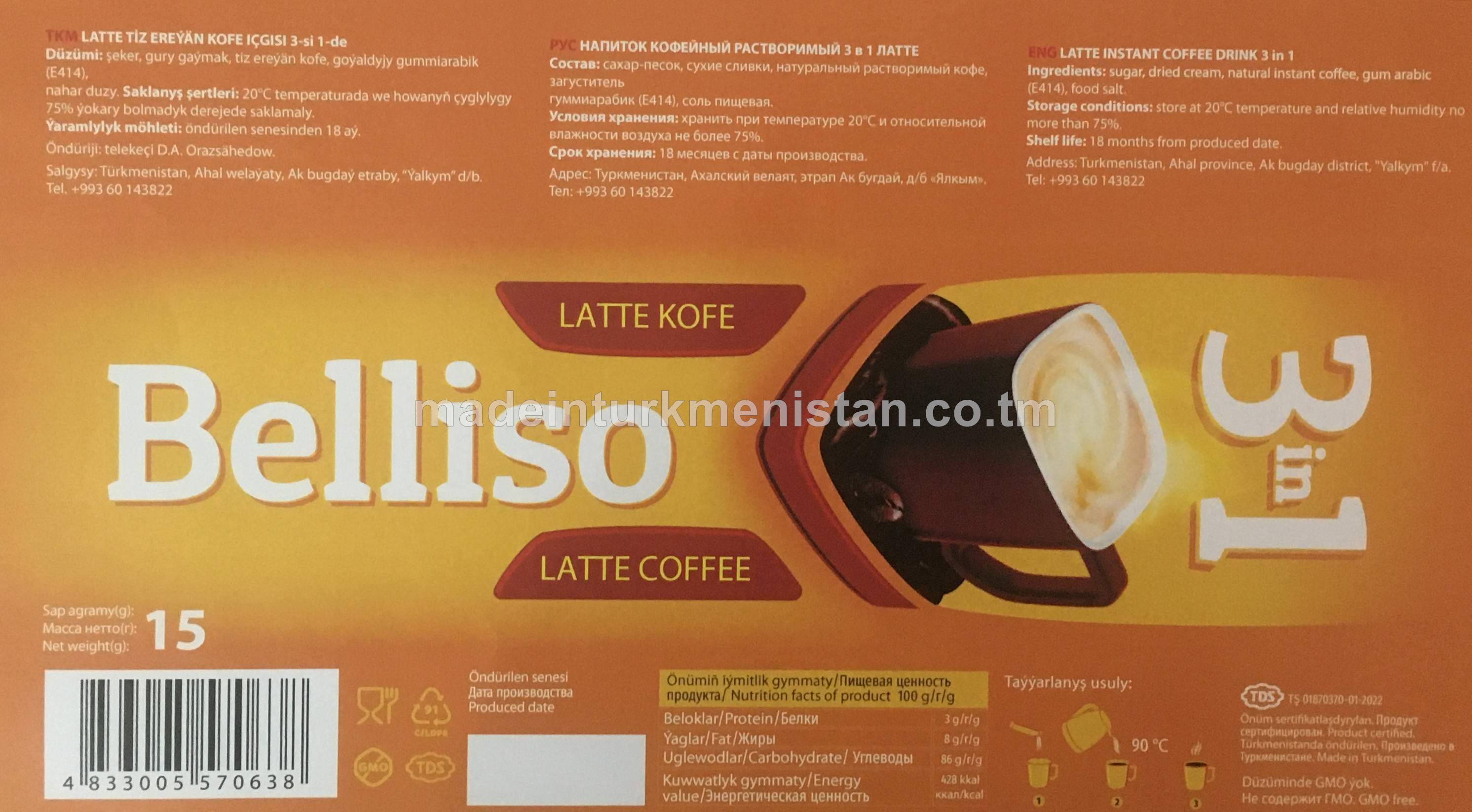 Latte tiz ereýän kofe içgisi 3-si 1-de