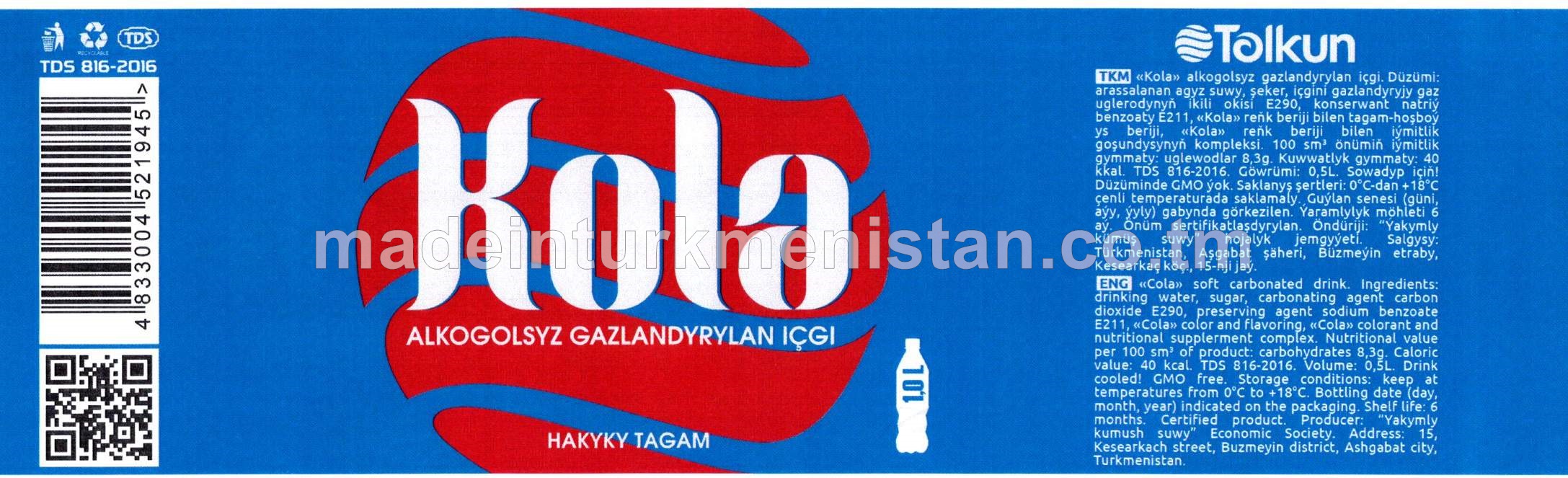 Kola alkogolsyz gazlandyrylan içgi