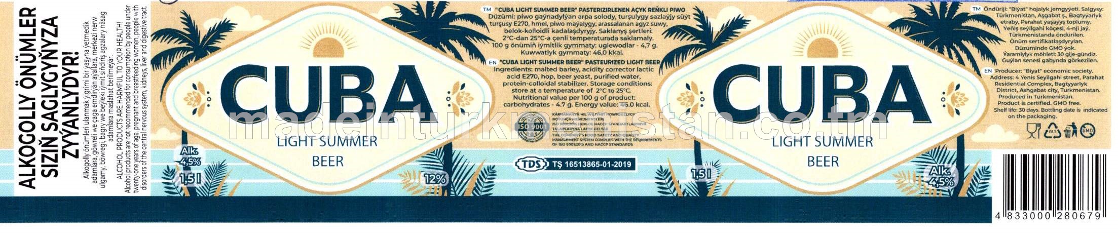"Cuba light summer beer" pasterizirlenen açyk reňkli piwo. Alk: 4,5%
