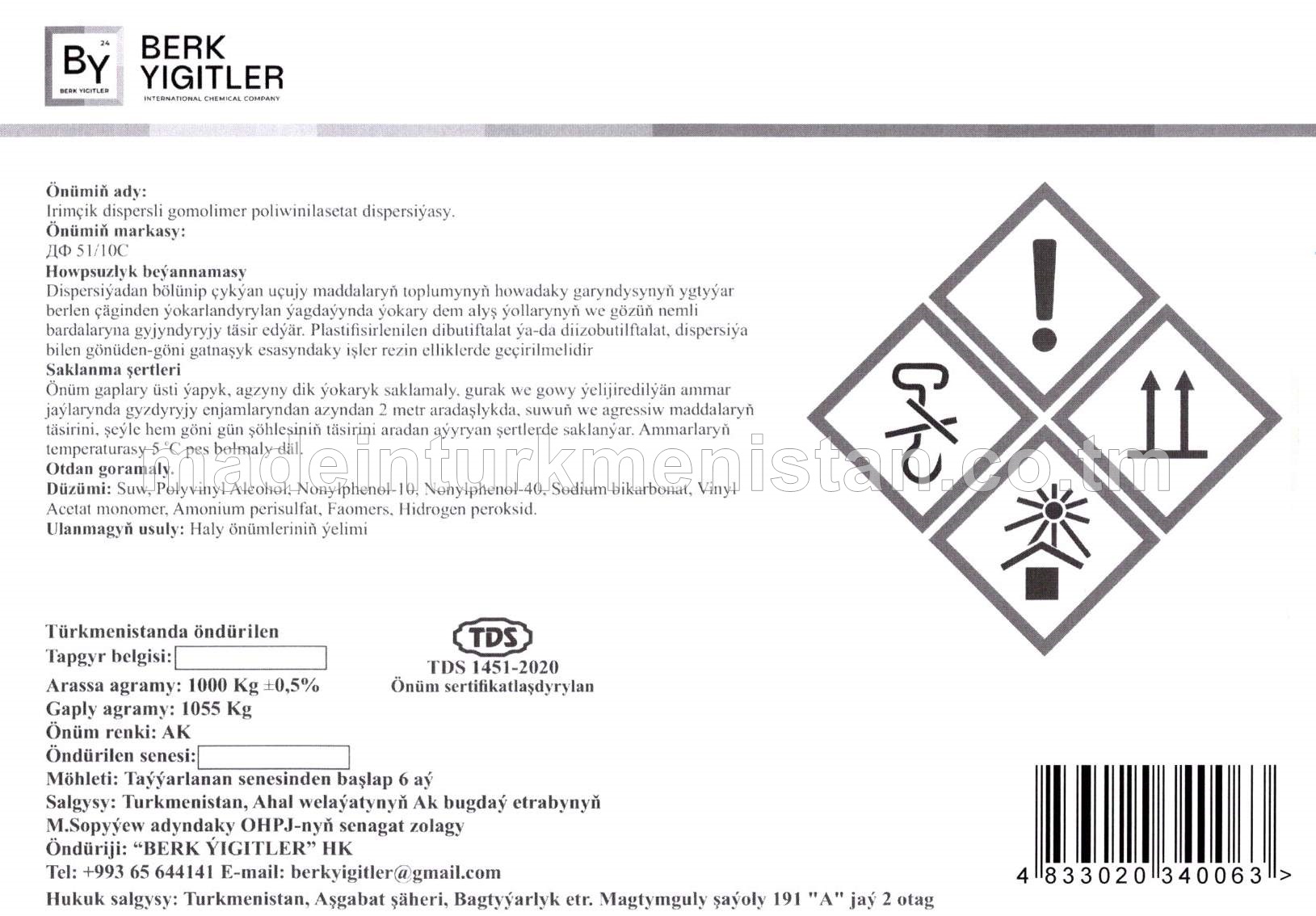 Irimçik dispersli gomolimer poliwinilasetat dispersiýasy, markasy ДФ 51/10С , reňki: ak
