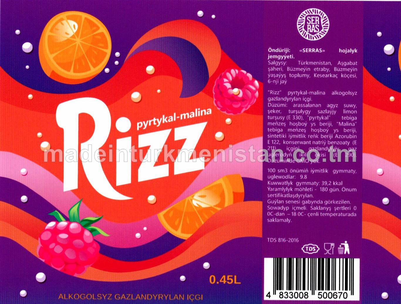 Pyrtykal-malina alkogolsyz gazlandyrylan içgi