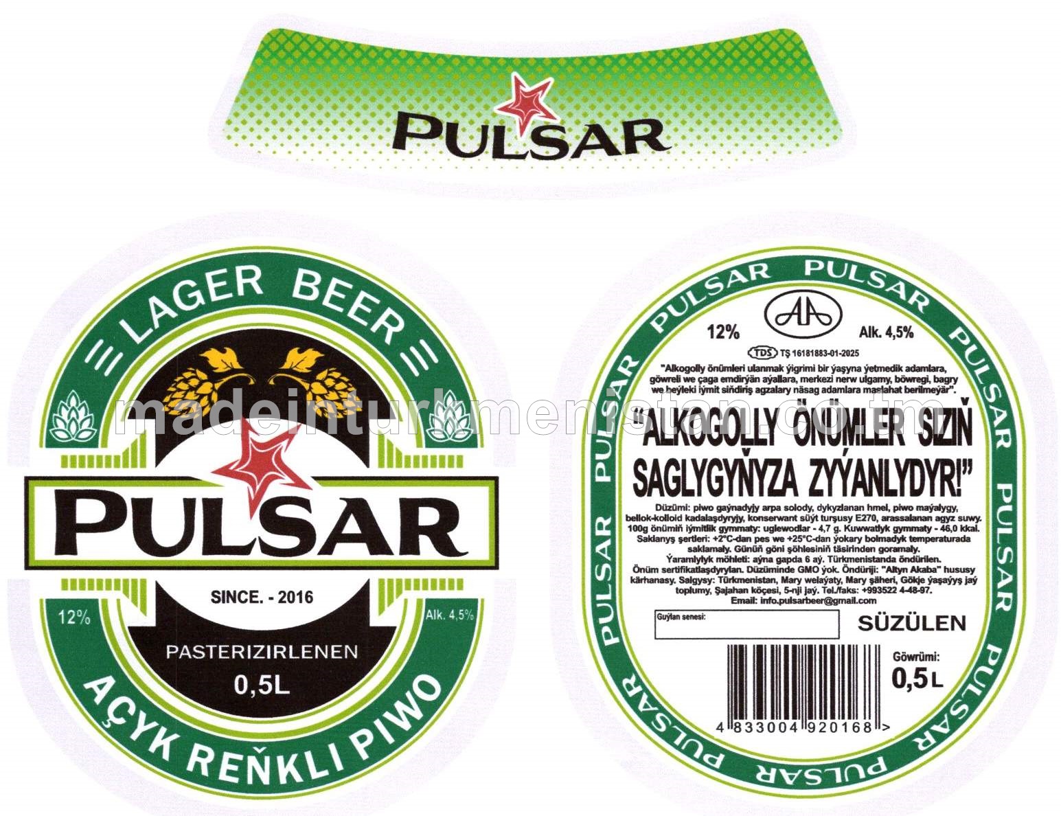 Süzülen açyk reňkli pasterizirlenen piwo. Alk: 4,5%