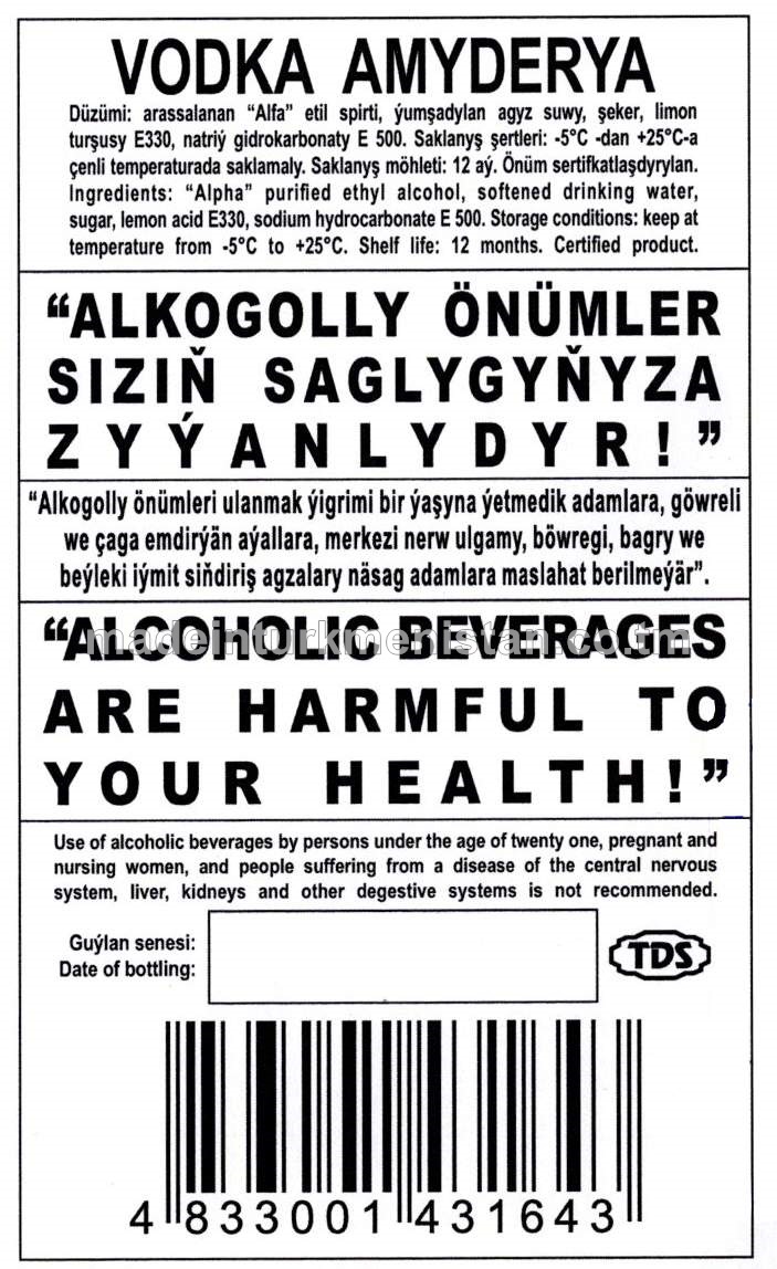 "Amyderýa kenary" aragy. Alc: 40%