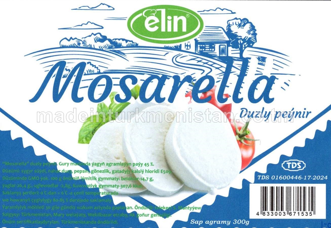 “Mosarella” duzly peýnir. Gury maddada ýagyň agramlaýyn paýy 45%