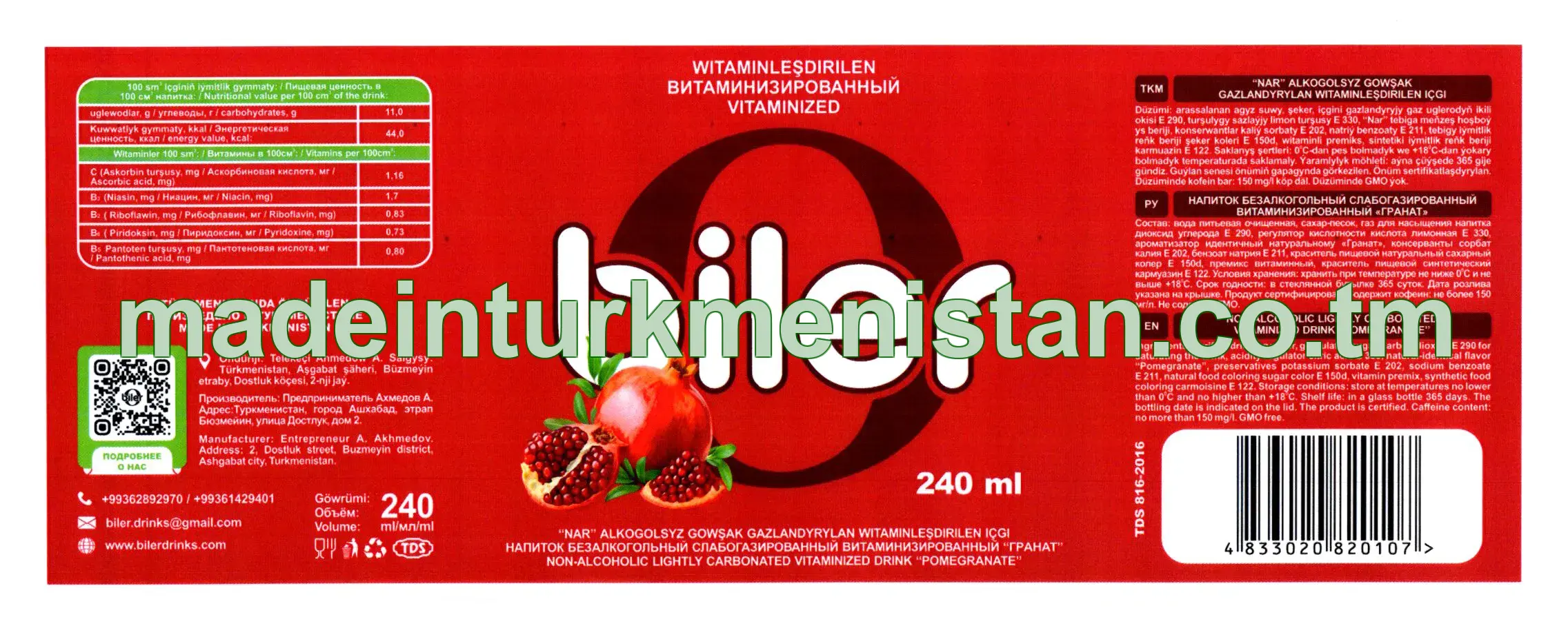 Nar witaminleşdirilen alkogolsyz gazlandyrylan içgi