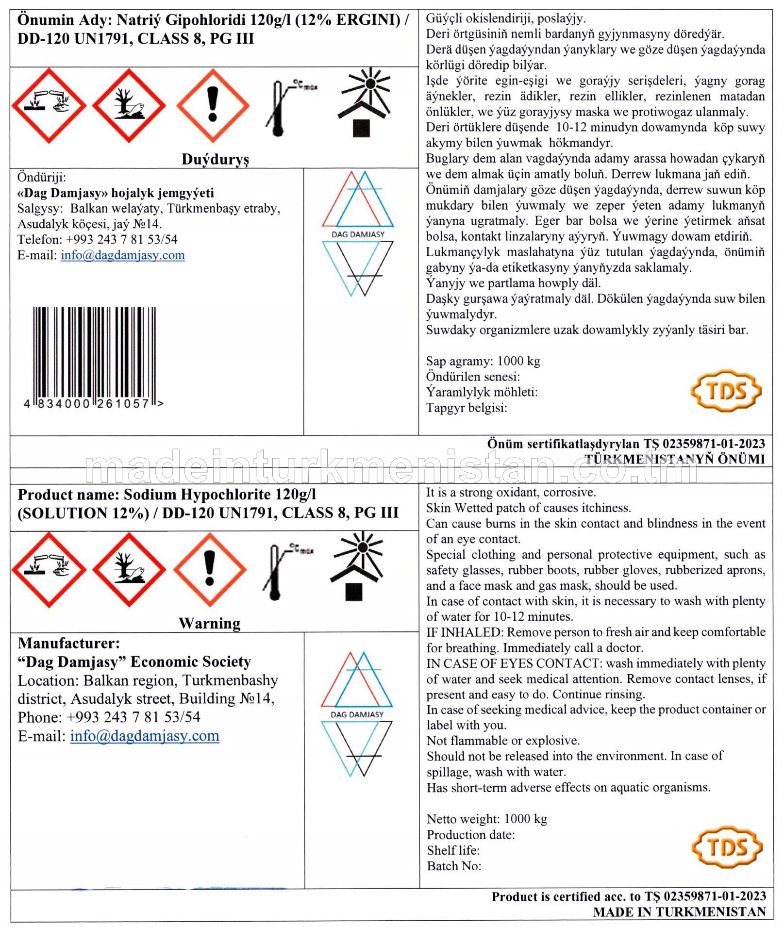 Natriý gipohloridi 120g/l (12% ergini)/DD-120 UN1791, CLASS 8 PG III
