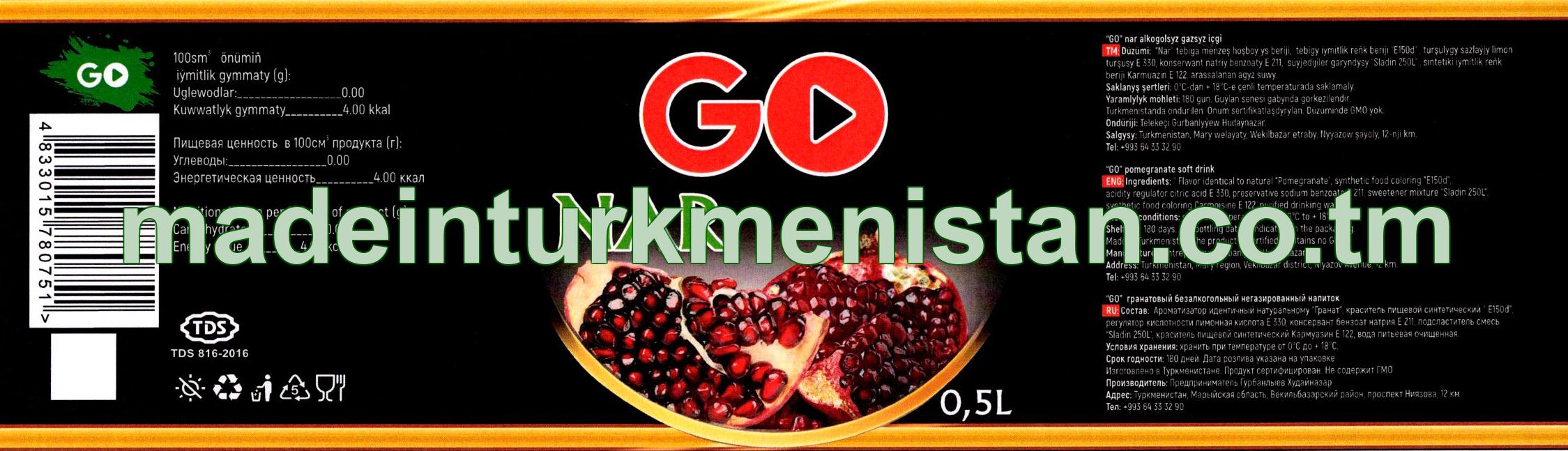 "GO" nar alokogolsyz gazsyz içgi (gara dizaýn)