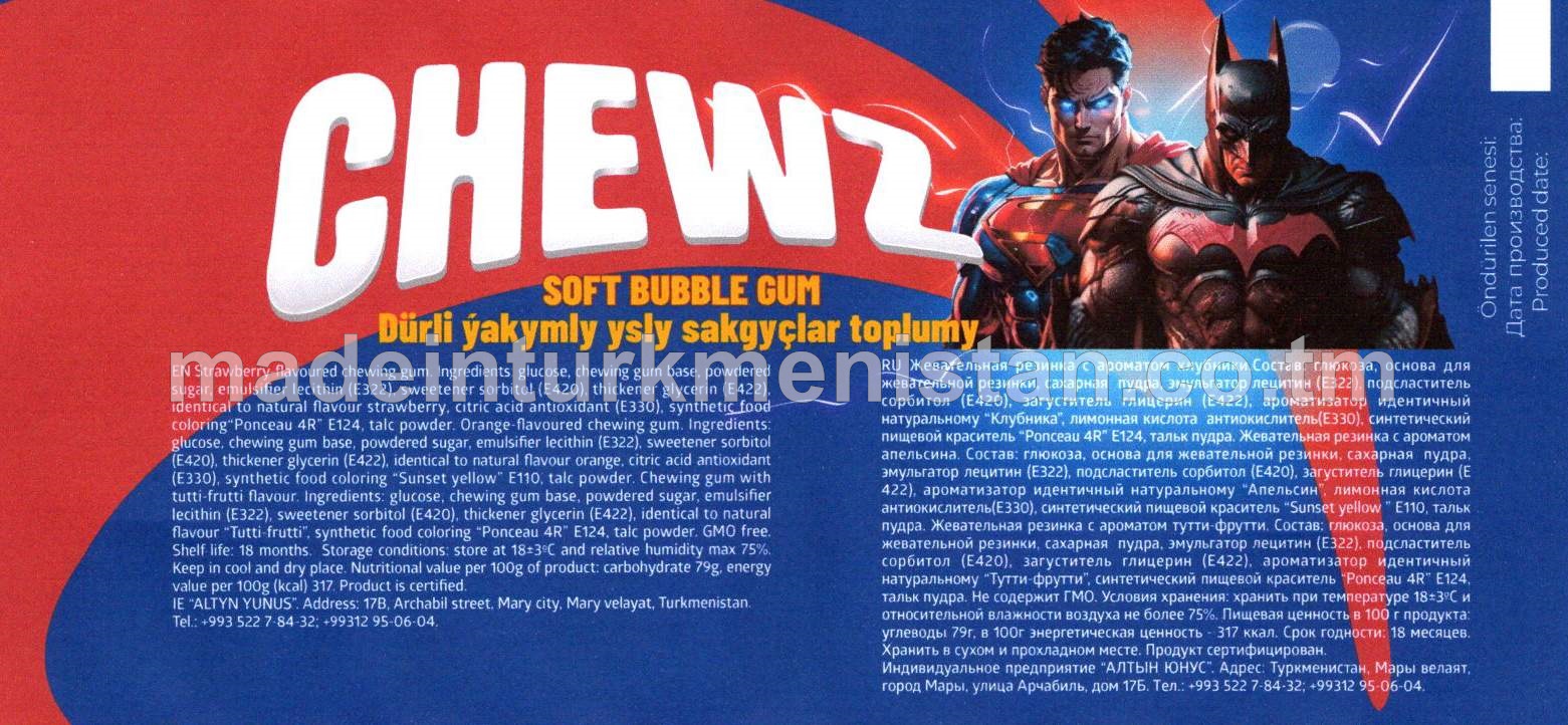 "chewz" Dürli ýakymly ysly sakgyçlar toplumy (ýertudana, pyrtykal, tutti-frutti)(5x3,5g)