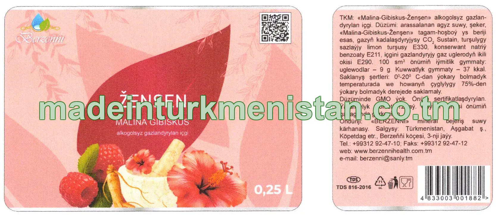 "Malina-gibiskus-ženşen" alkogolsyz gazlandyrylan içgi 