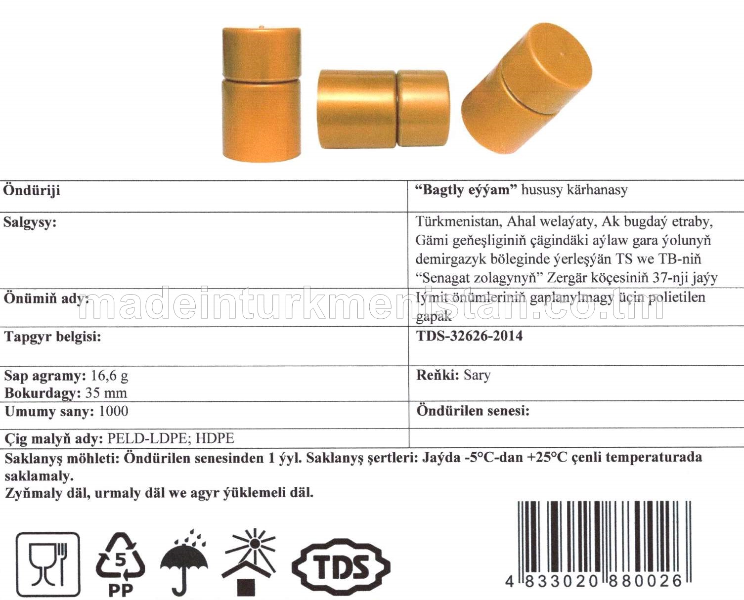 Iýmit önümleriniň gaplanylmagy üçin polietilenden gapak, sap agramy-16,6g; bokurdagy 35mm; reňki sary; 