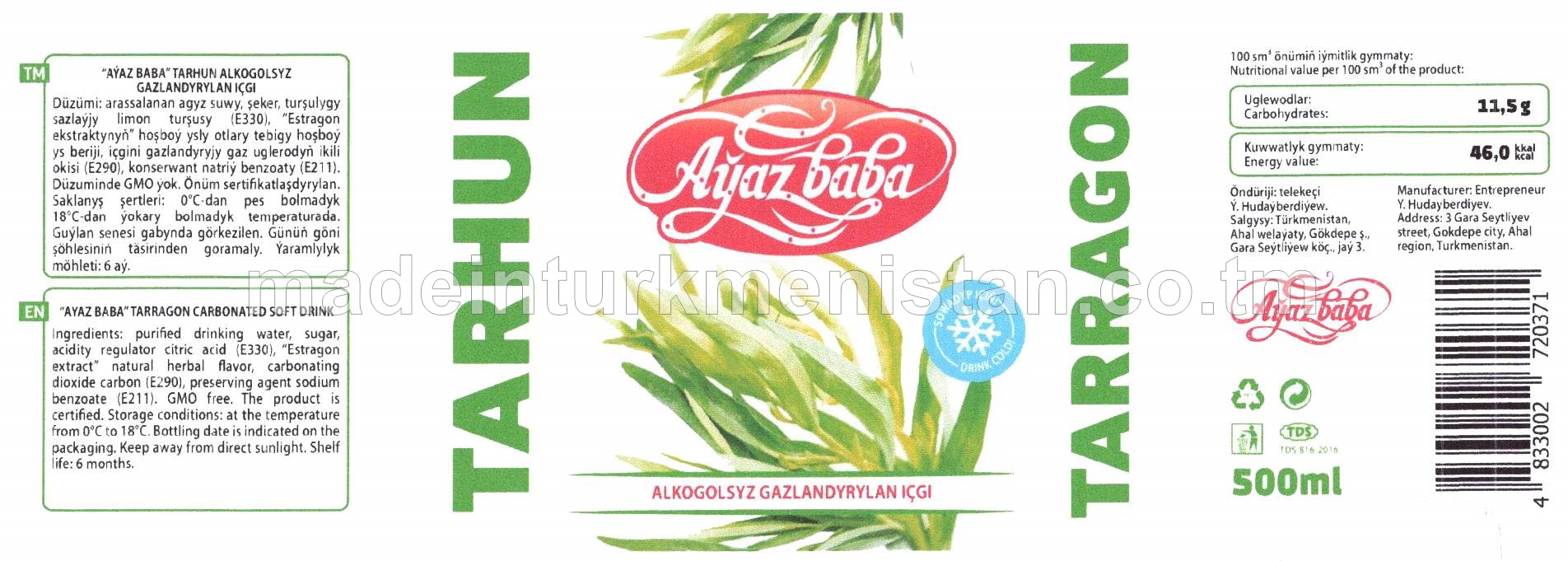 Tarhun alkogolsyz gazlandyrylan içgi