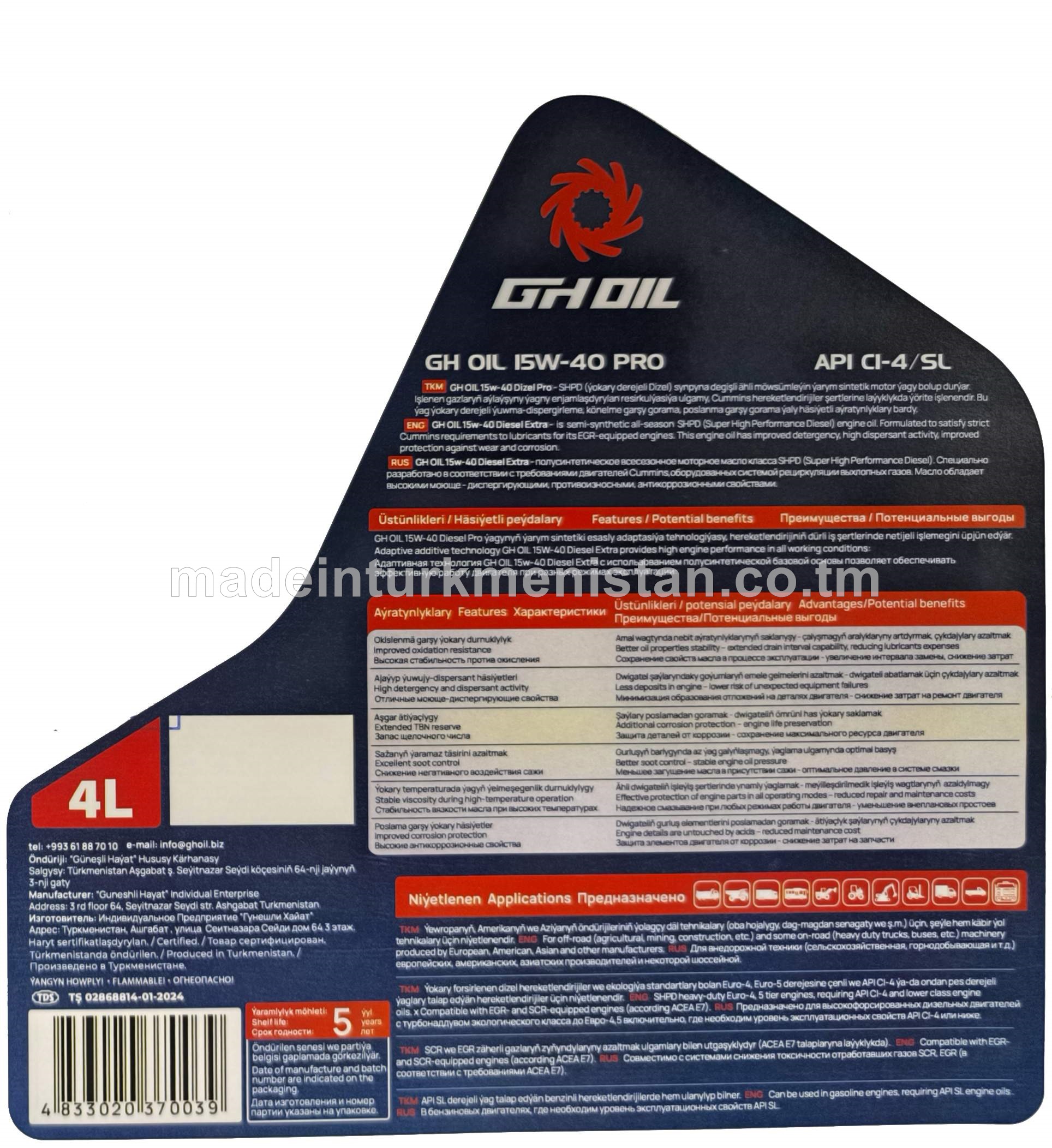 Ýarym sintetiki hereketlendiriji ýagy PRO 15W-40 API CI-4/SL