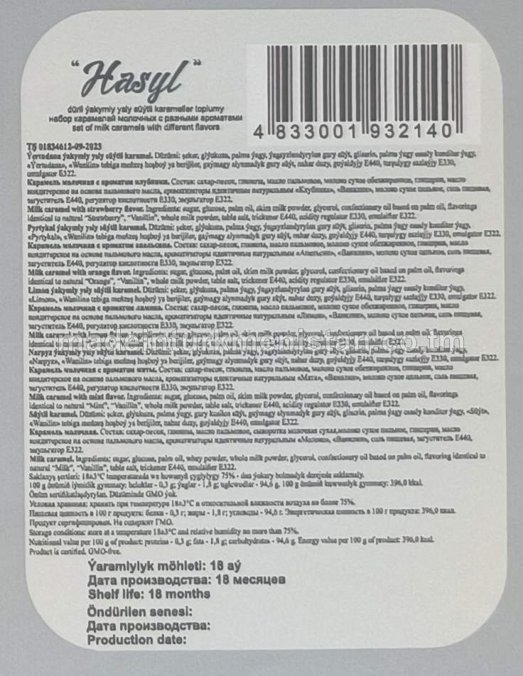 "Hasyl" dürli ýakymly ysly süýtli karameller toplumy (ýertudana, pyrtykal, limon, narpyz, süýt)