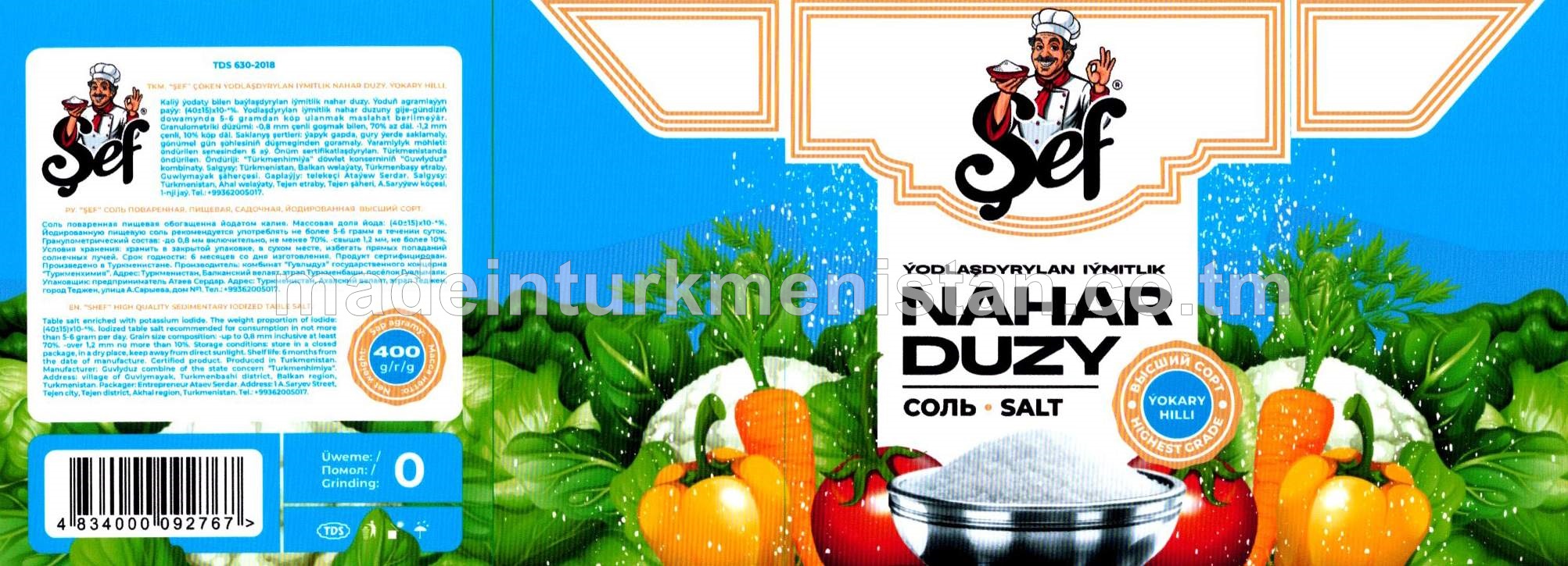 "Şef" çöken ýodlaşdyrylan iýmitlik nahar duzy. Ýokary hilli. Üwelen:0