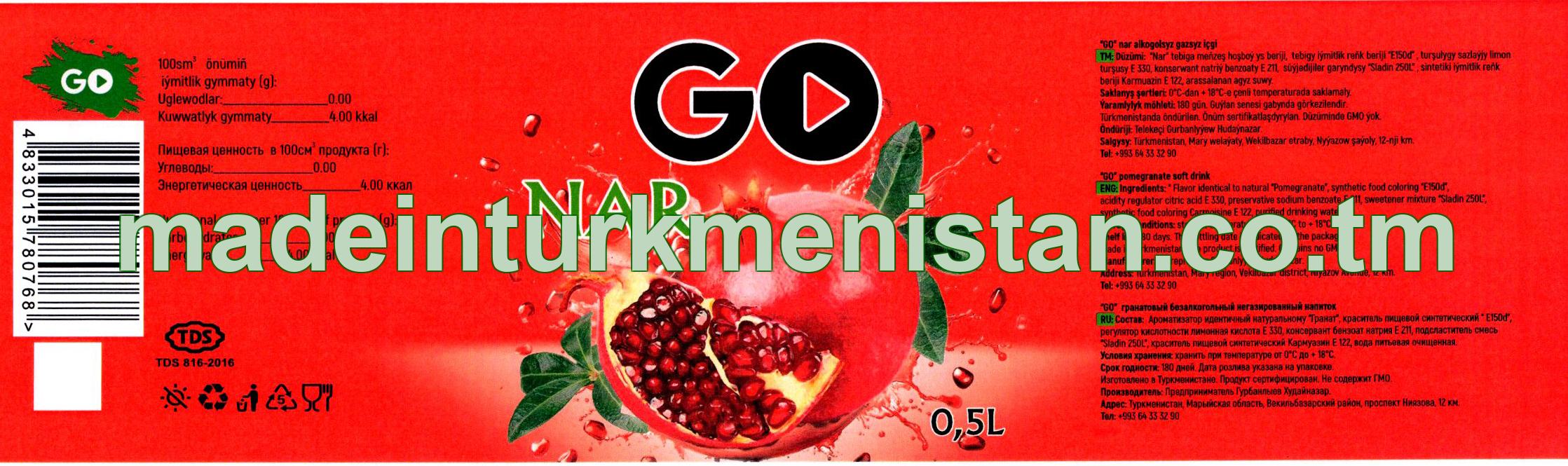 "GO" nar alokogolsyz gazsyz içgi (gyzyl dizaýn)